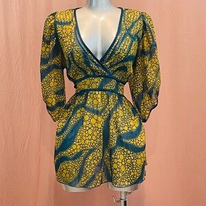 Yellow & Teal Printed Wrap Blouse